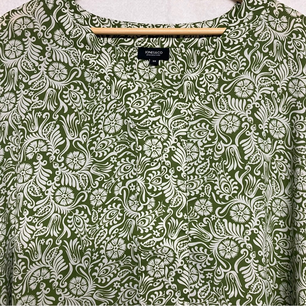 Jones New York Green Floral Blouse 3X Smocked Sleeve Boho Cottagecore Top - Picture 4 of 8